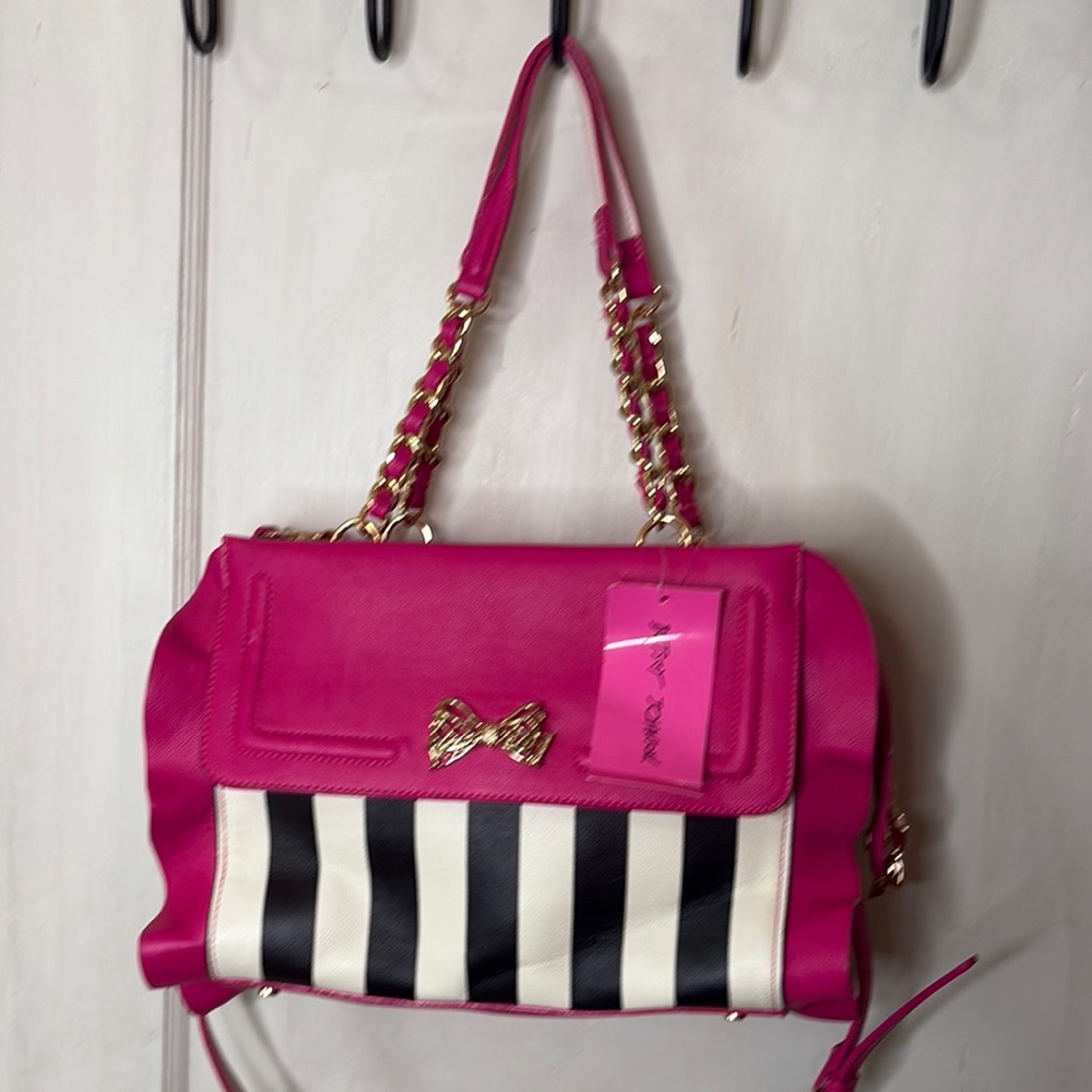 Betsey Johnson Floucin Around Satchel Stripe Pink and Black Ruffle Crossbody Bag